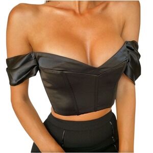 New With Tags Size Large Meshki Women's Black Satin Stacie Corset Off Shoulder